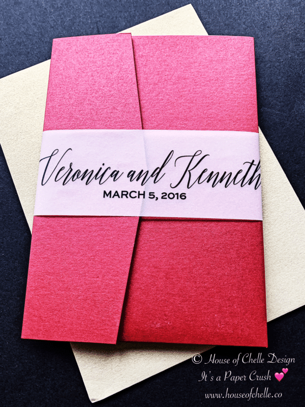 Gold and Burgundy Red Pocketfold Wedding Invitation with Vellum Belly Band - VERONICA