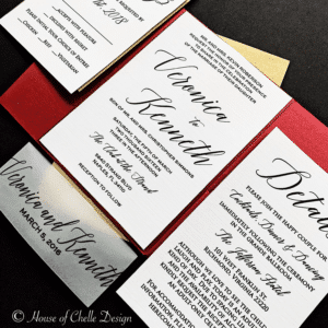 Gold and Burgundy Red Pocketfold Wedding Invitation with Vellum Belly Band - VERONICA