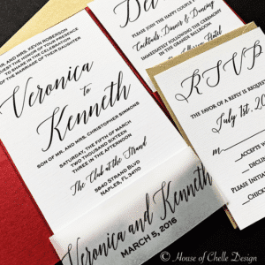 Gold and Burgundy Red Pocketfold Wedding Invitation with Vellum Belly Band - VERONICA