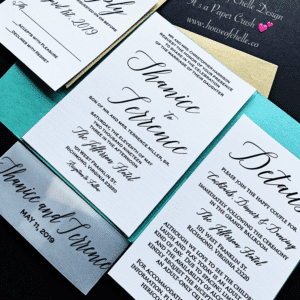 Gold and Turquoise Blue Pocketfold Wedding Invitation with Vellum Belly Band - SHANICE INVITATION