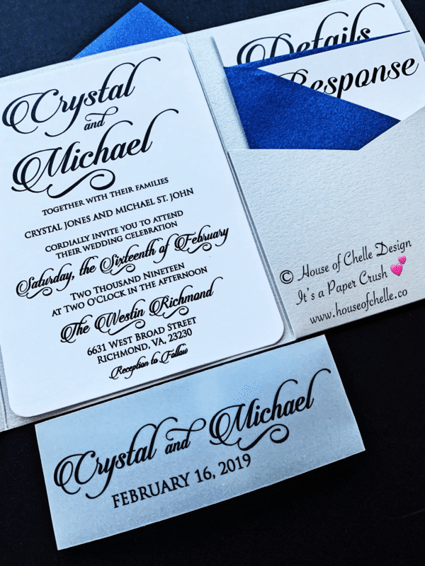 Navy and Silver Pocketfold Wedding Invitation with Vellum Belly Band - CRYSTAL INVITATION