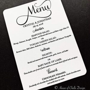 Customizable wedding menu; event menu; dinner party menu. Set of 25