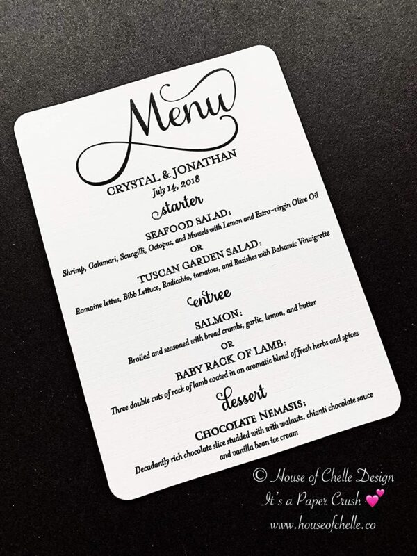 Customizable wedding menu; event menu; dinner party menu. Set of 25