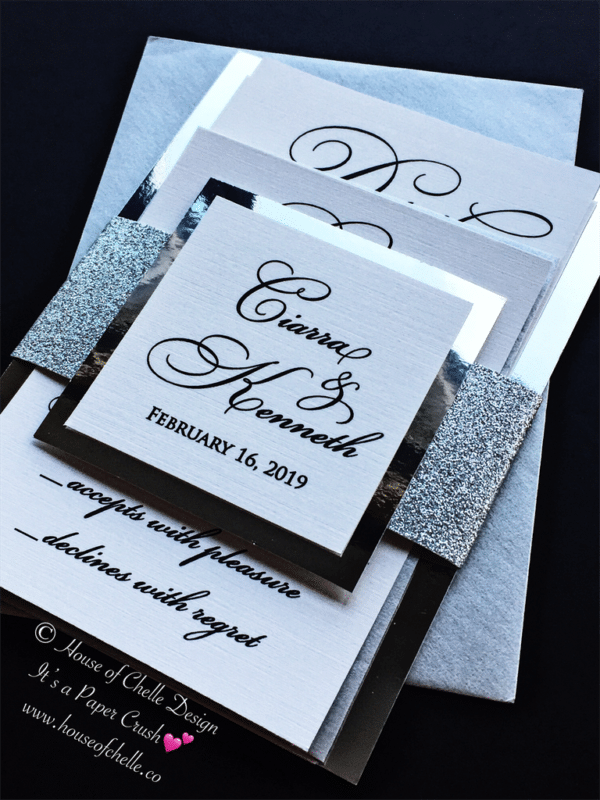 Silver glitter wedding invitation